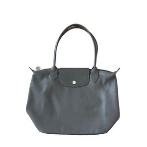 Longchamp‎ Le Pliage Grey All Leather Classic Timeless Shoulder Tote Bag